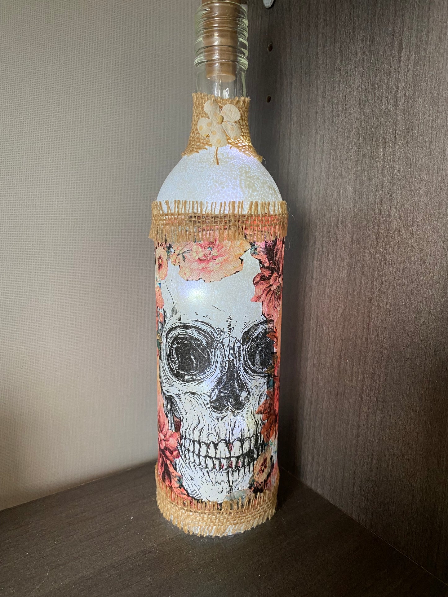 Decoupage skull light up bottle
