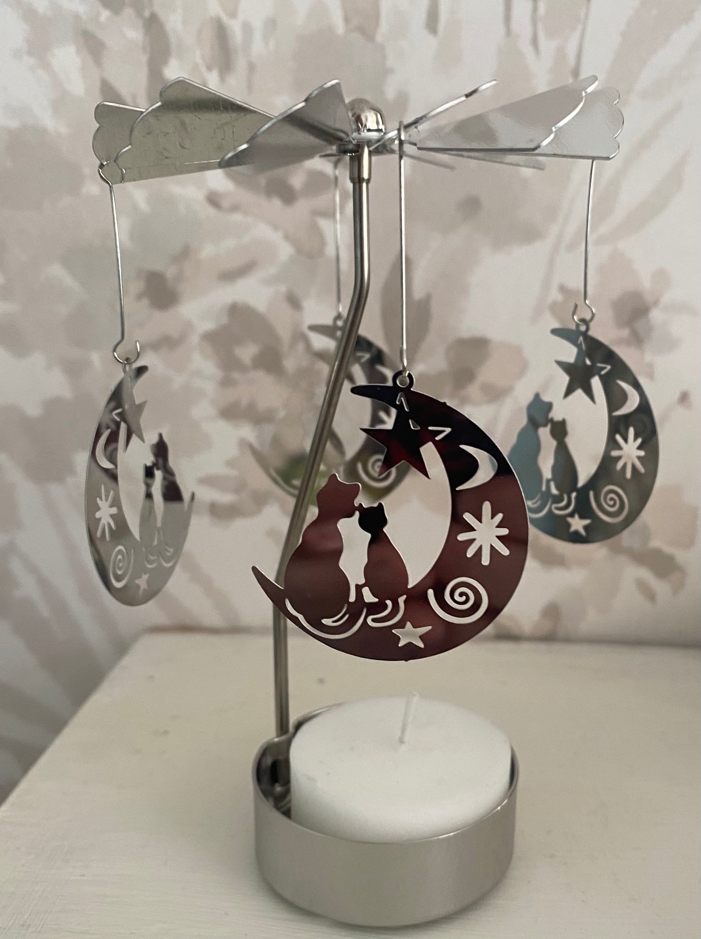 Silver tealight spinner cat & moon