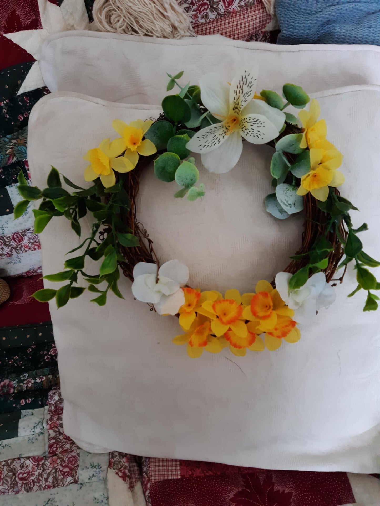 Small artificial flower wreath daffodils