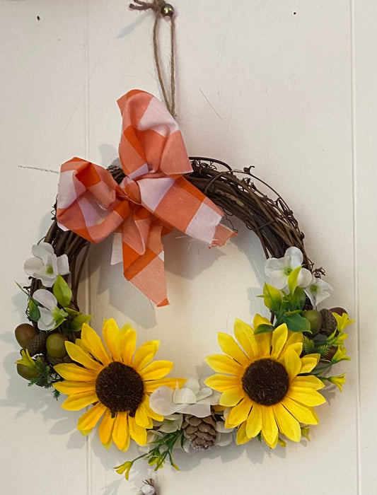 Autumn artificial flower wreath gingham bow