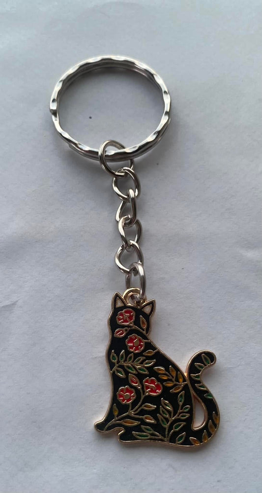 Metal flowery cat keyring