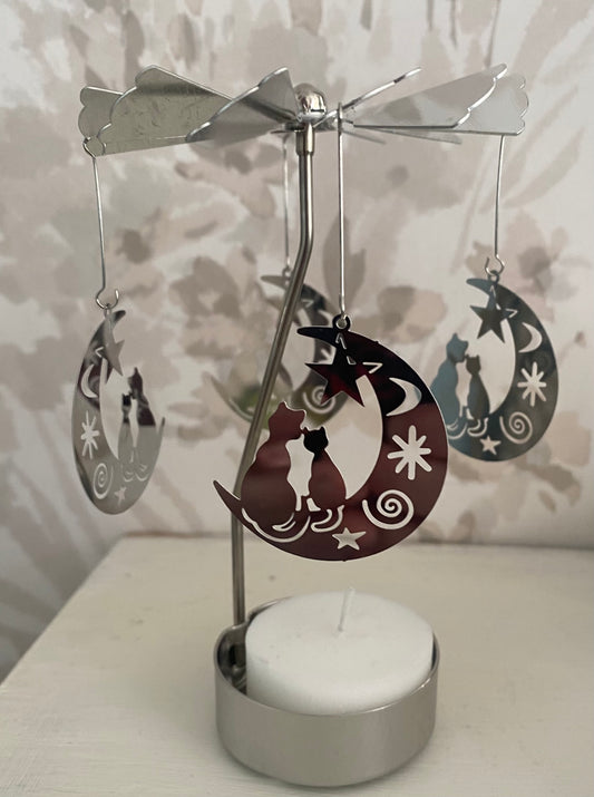 Silver tealight spinner cat & moon