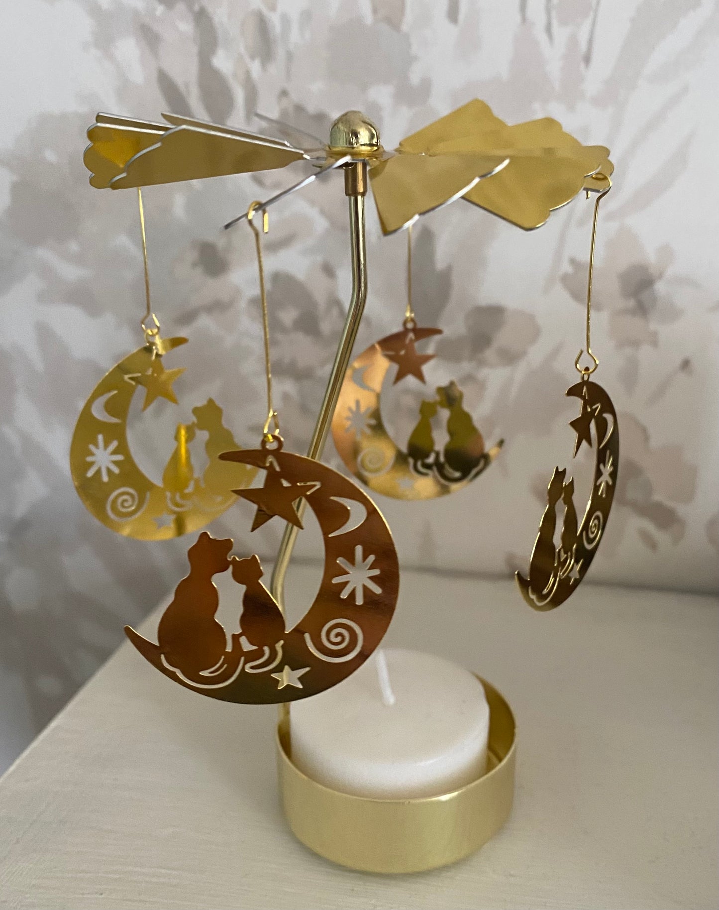 Gold tealight spinner cat & moon